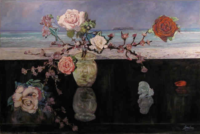 Jade Vase And Flowers With Beach Background 24x36 oil on canvas.JPG